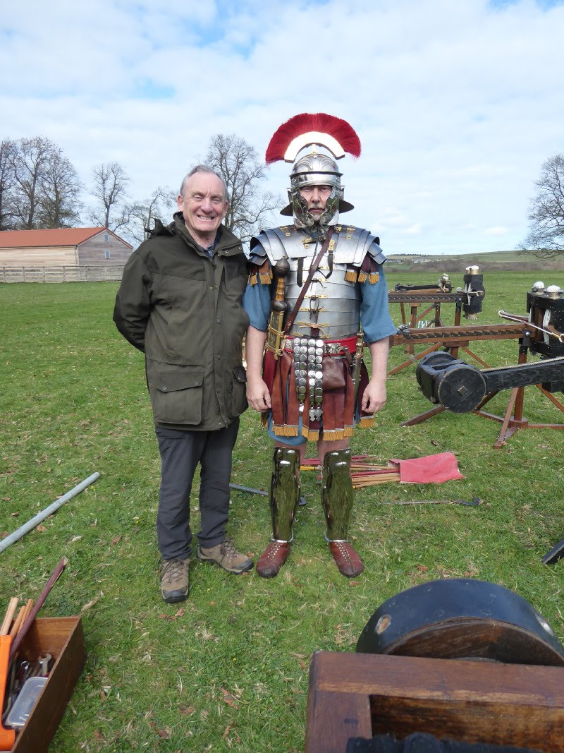 Ron Wood with a Roman Military Research Society member and reconstructed Roman artillery at Binchester Roman Fort