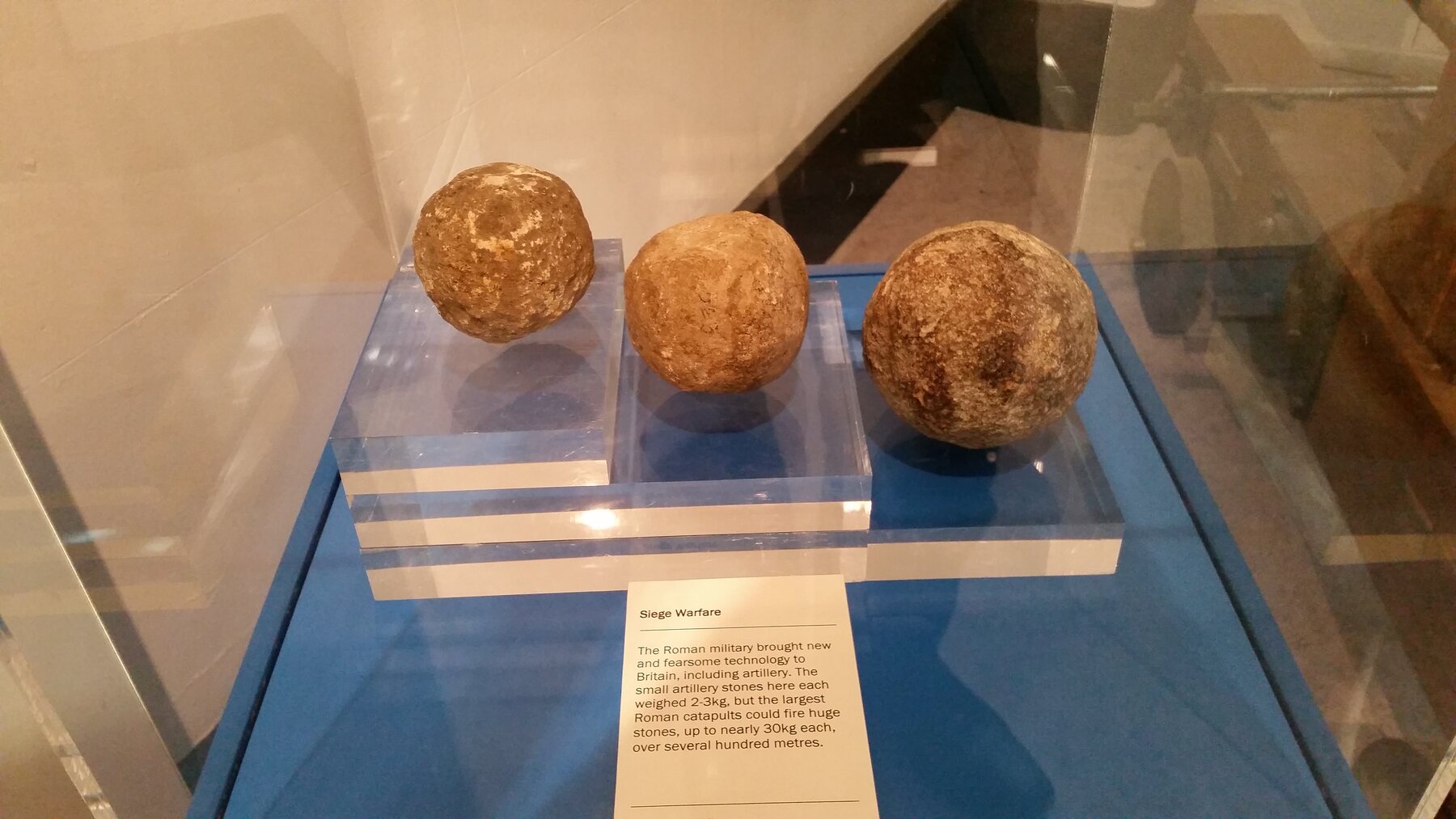 Roman stone artillery projectiles displayed in the Yorkshire Museum