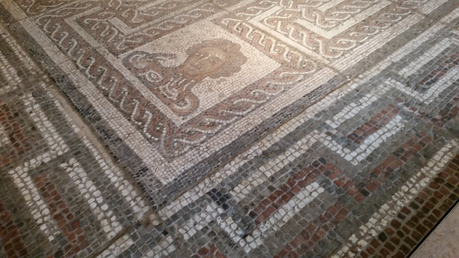 Decorated Roman mosaic floor in the Yorkshire Museum